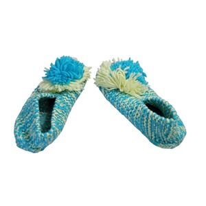 Handmade Cozy Knit Slippers Pom Pom Blue Yellow Comfort Home Shoes 9.5 in long